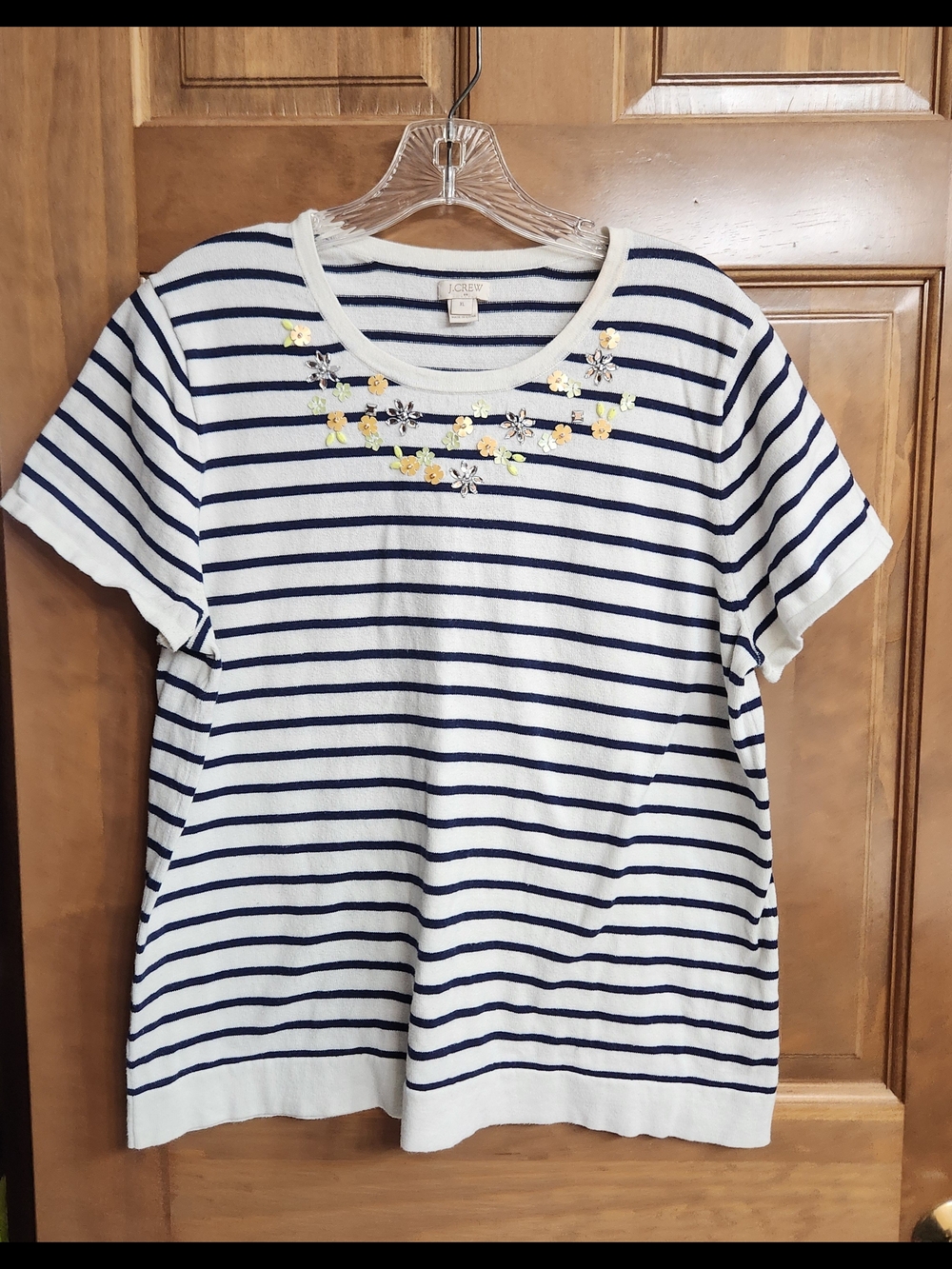 J. Crew White and Navy Striped Short-Sleeve Tee with Floral Appliqué